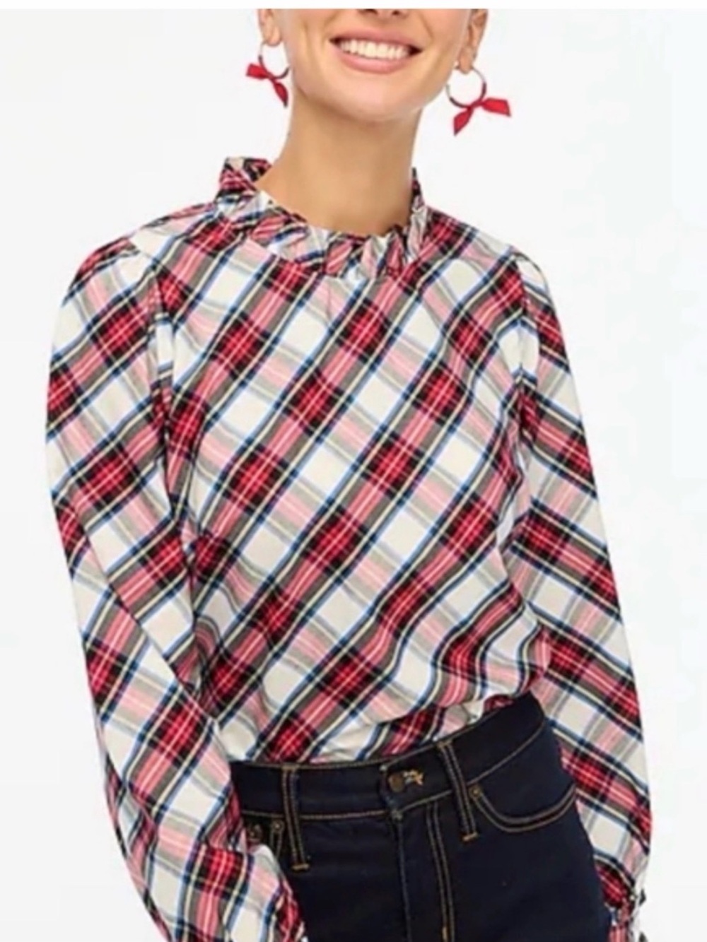 J. Crew Pink Plaid Ruffle-Neck Long Sleeve Blouse